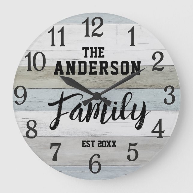 Reloj Redondo Grande Personalized Wood Family Name Farmhouse (Anverso)