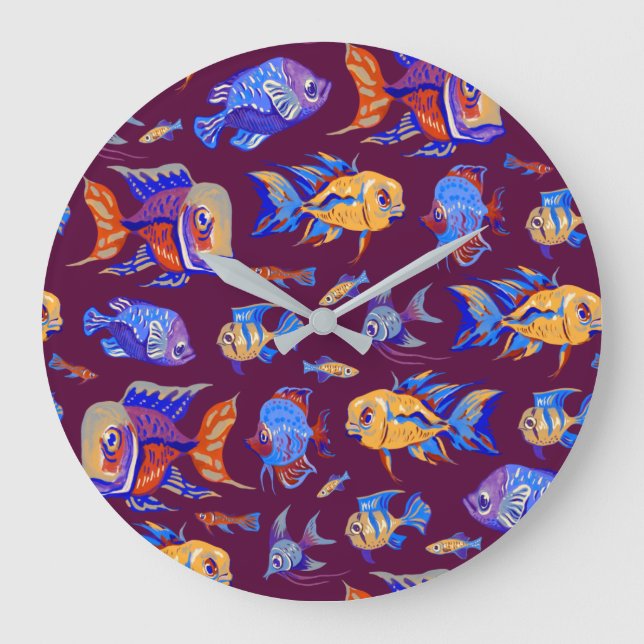 Reloj Redondo Grande Pesca tropical divertida en morado oscuro (Anverso)