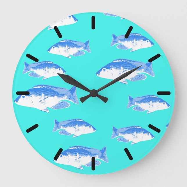Reloj Redondo Grande Pescado azul en turquesa (Anverso)