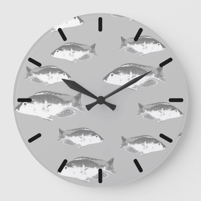 Reloj Redondo Grande Pescado gris monocromo (Anverso)