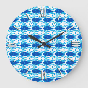 Reloj Redondo Grande Pescado moderno de mediados del siglo, azul cobalt