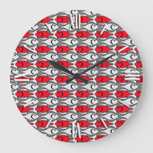 Reloj Redondo Grande Pescado moderno de medio siglo, rojo y gris / gris