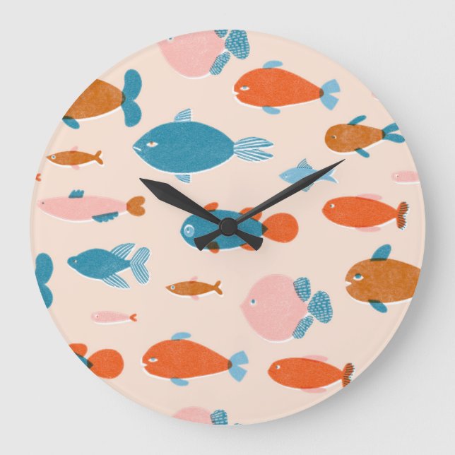 Reloj Redondo Grande Pescado retro: Patrón de estilo Risograph (Anverso)