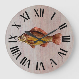 Reloj Redondo Grande Pescado Rústico De Madera