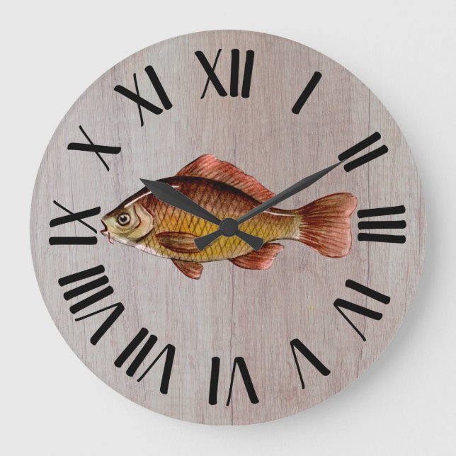 Reloj Redondo Grande Pescado Rústico De Madera (Anverso)