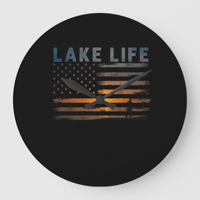 Reloj Redondo Grande Pescador de Lake Life Sunset Bandera Estadounidens (Anverso)