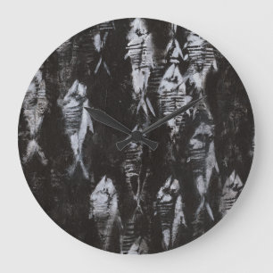 Reloj Redondo Grande Pescados blancos fósiles en fondo negro