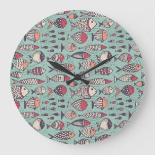 Reloj Redondo Grande Pescados divertidos: patrón sin costuras dibujado