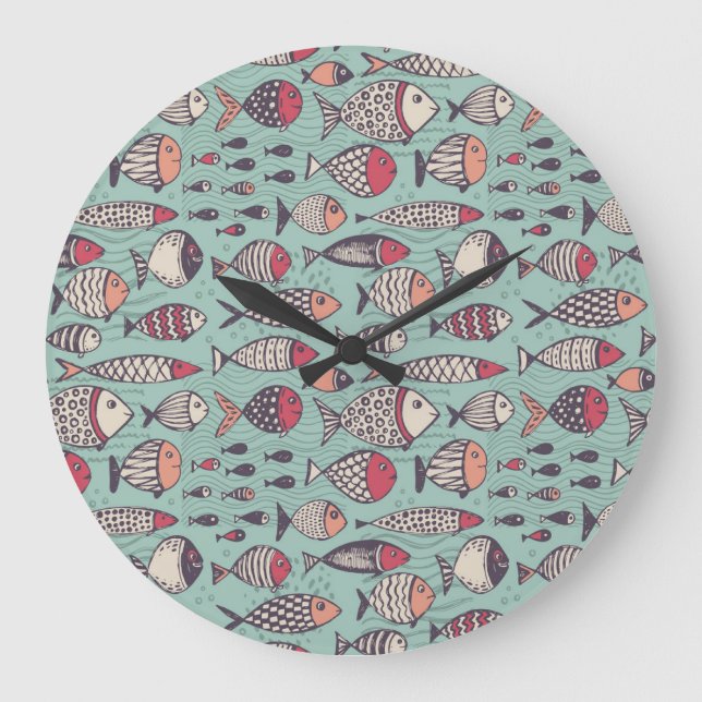 Reloj Redondo Grande Pescados divertidos: patrón sin costuras dibujado  (Anverso)