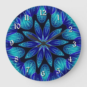 Reloj Redondo Grande Petales azules y Verde azulados Mandala