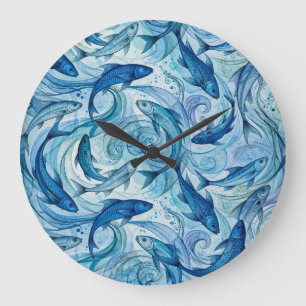 Reloj Redondo Grande Pez Azul Místico Fluyendo Armonía