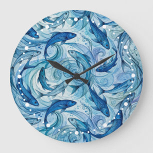 Reloj Redondo Grande Pez Azul Místico Fluyendo Armonía