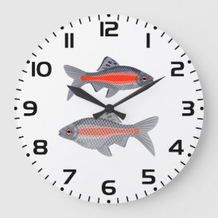 Reloj Redondo Grande Pez Barbo Tropical Rojo y Gris Acuático Exótico