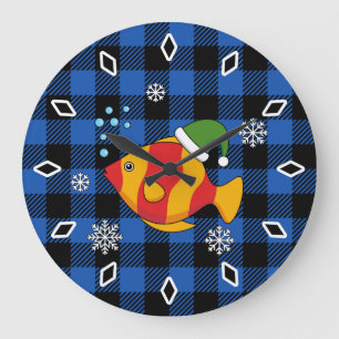 Reloj Redondo Grande Pez de dibujos animados tropicales de Navidad en p