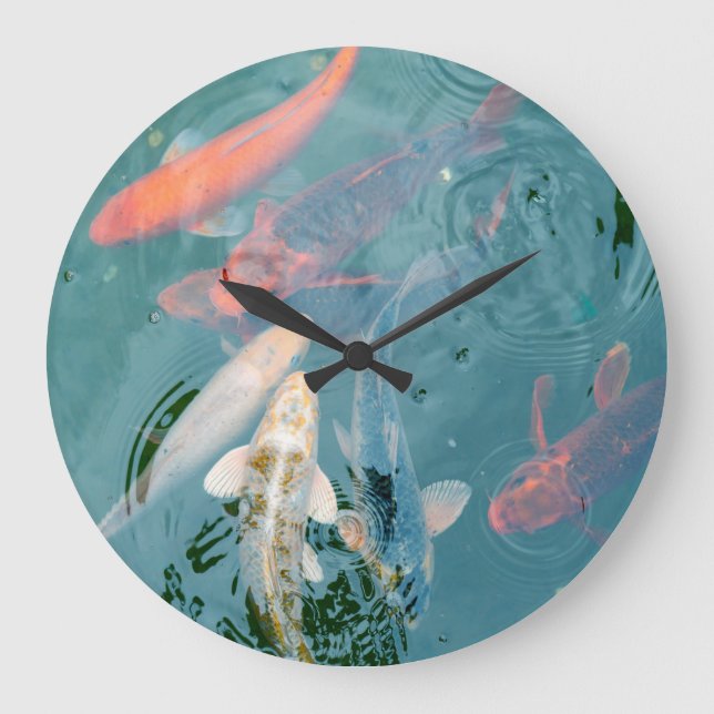 Reloj Redondo Grande Pez Koi nadando en estanque (Anverso)