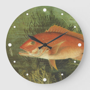 Reloj Redondo Grande Pez Lula Rojo por Kilbourne, Vida Marina Vintage