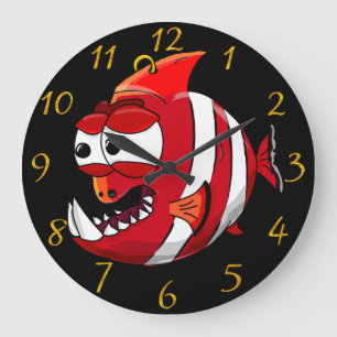 Reloj Redondo Grande pez piraña de dibujos animados blanco y rojo
