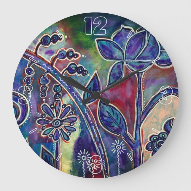 Reloj Redondo Grande Phantasmagoric Lotus Flower Garden Original Art (Anverso)