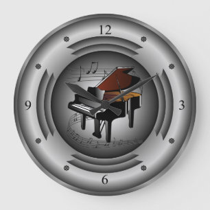 Reloj Redondo Grande Piano ~ Desplazamiento musical ~ Altavoz plateado 