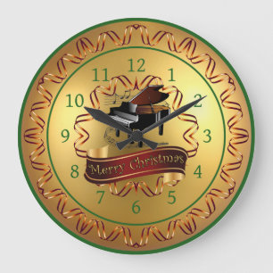 Reloj Redondo Grande Piano ~ Musical Scroll ~ Oro "Feliz Navidad" 