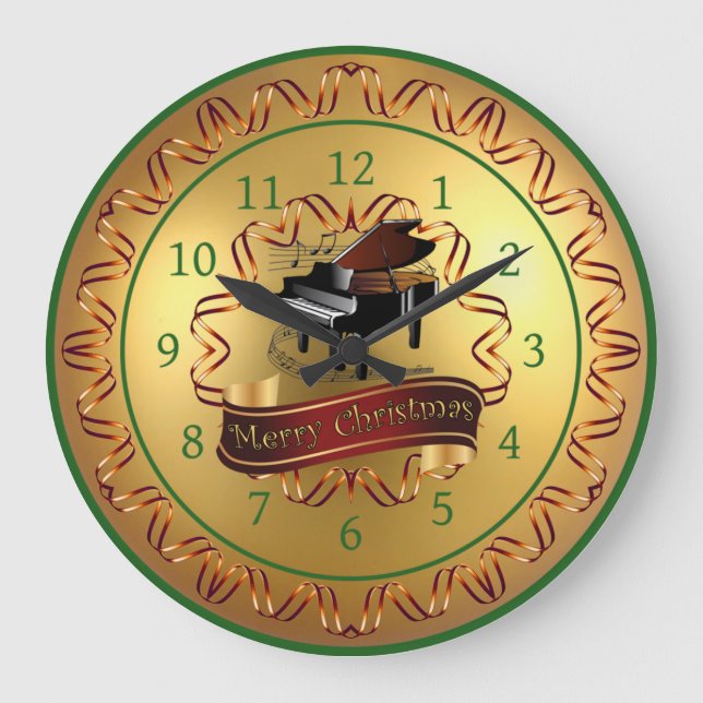 Reloj Redondo Grande Piano ~ Musical Scroll ~ Oro "Feliz Navidad"  (Anverso)