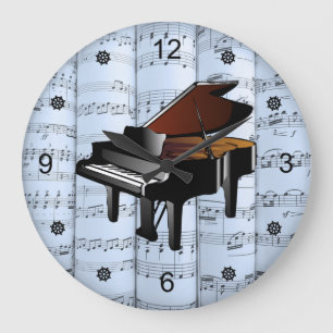 Reloj Redondo Grande Piano ~ Rolling Sheet Music ~ Blue Tint Background