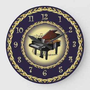Reloj Redondo Grande Piano ~ Scroll Musical ~ Oro/Azul Marino ~ ~