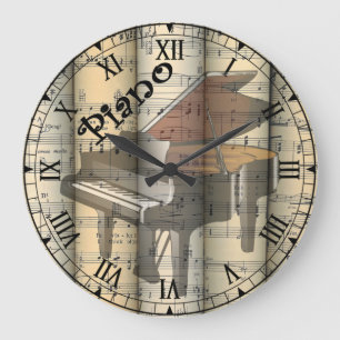 Reloj Redondo Grande Piano transparente ~ Música de hoja de cosecha ond