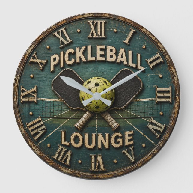 Reloj Redondo Grande Pickleball Lounge Rustic Paddle & Ball (Anverso)
