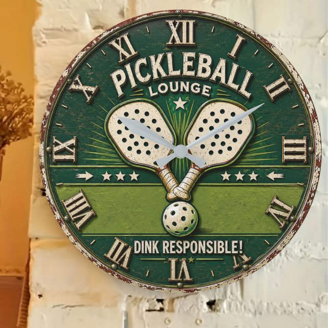Reloj Redondo Grande Pickleball Lounge Vintage Rustic Paddle (Subido por el creador)