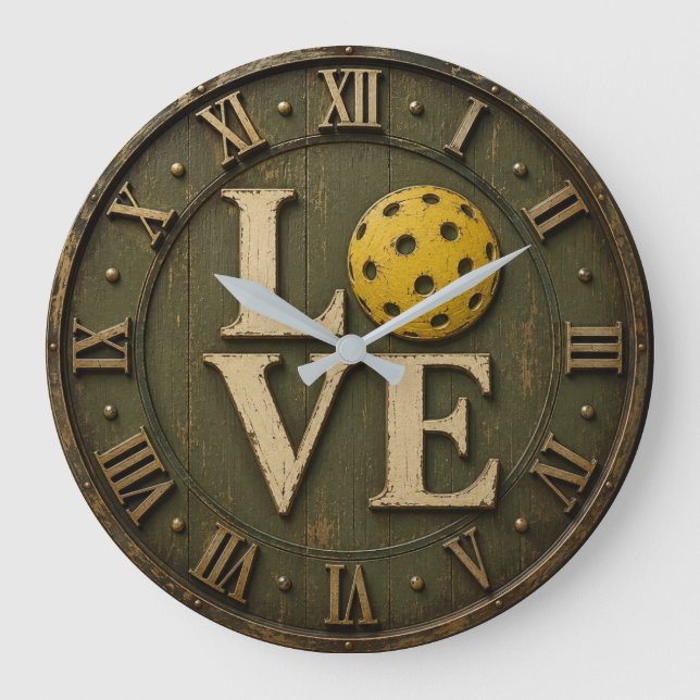Reloj Redondo Grande Pickleball Love  Rustic Pickleball Player Gift (Anverso)