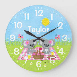 Reloj Redondo Grande Pícnic de osos koala rosa