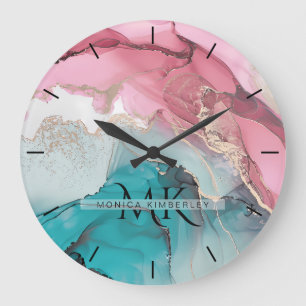 Reloj Redondo Grande Piedra Ágata Monograma de Nombre en Oro Teal Rosa