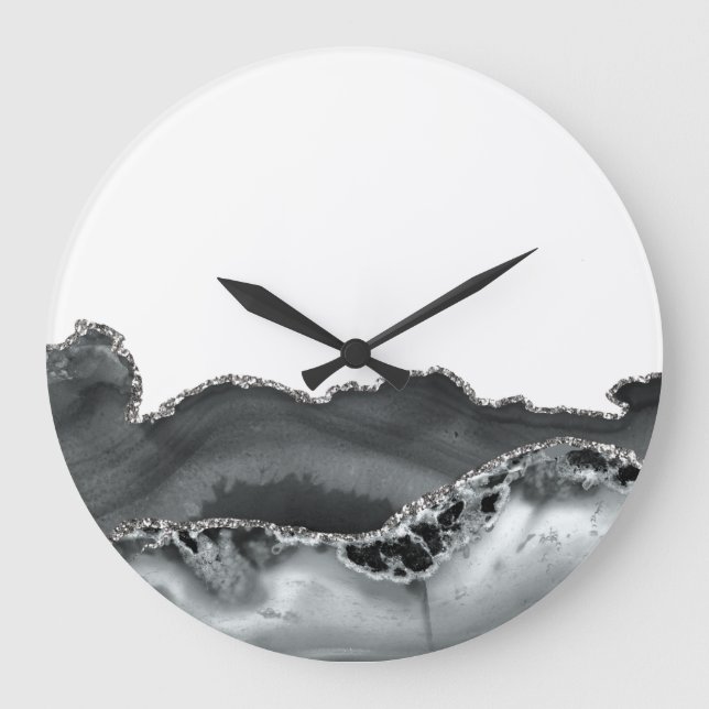 Reloj Redondo Grande Piedra de agato metálico de plata gris negra (Anverso)