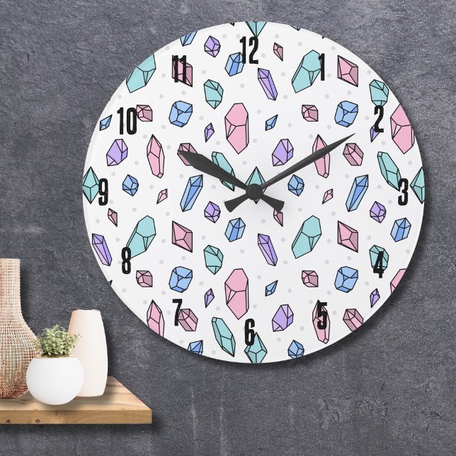 Reloj Redondo Grande Piedra de gemas de moda para pastel de moda suave  (Cute Trendy Pastel Gemstones Gems Crystal Pattern Large Clock)