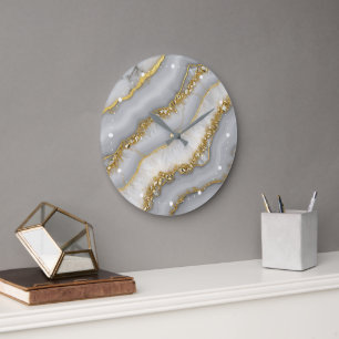 Reloj Redondo Grande Piedra lunar líquida blanca y dorada personalizada