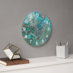 Reloj Redondo Grande Piedra Mineral de Crisocola Azul con Números Blanc