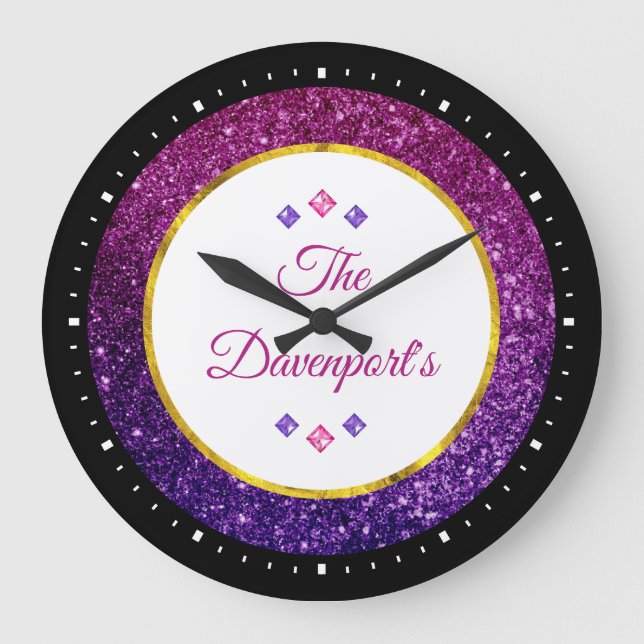 Reloj Redondo Grande Piedras de gema rosadas y moradas (Anverso)