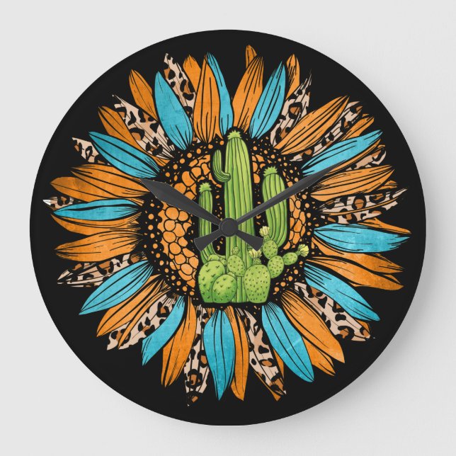 Reloj Redondo Grande Piel de vaca Turquoise de Texas Leopard Serape (Anverso)