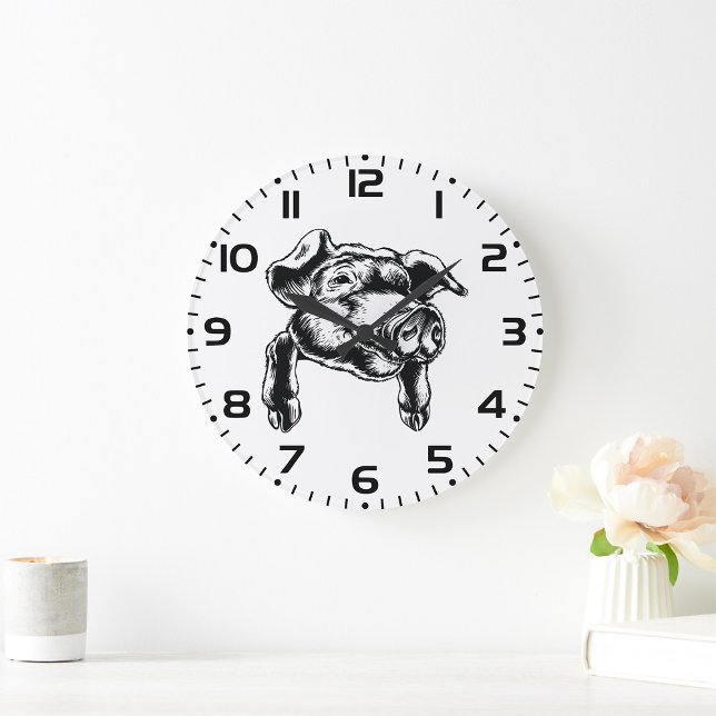 Reloj Redondo Grande Pig Head Farm Animal Drawing in Black White (Subido por el creador)