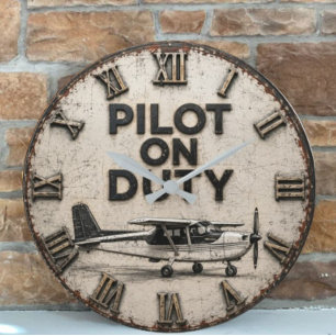 Reloj Redondo Grande Pilot on Duty Vintage Airplane Aviation Hangar