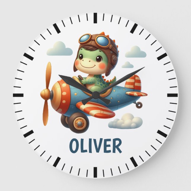 Reloj Redondo Grande Piloto cutto recauda dinosaurios volando un avión  (Anverso)