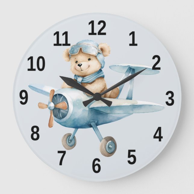 Reloj Redondo Grande Piloto de oso azul feliz de avión (Anverso)