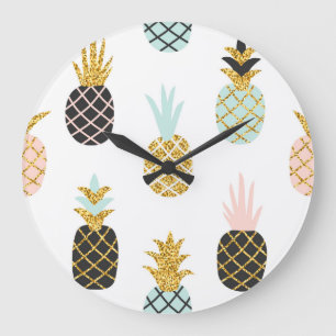 Reloj Redondo Grande Piña con purpurina de oro, patrón creativo.
