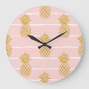 Reloj Redondo Grande Piña de oro, fondo de verano rayado.