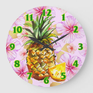 Reloj Redondo Grande Piña hawaiana tropical e hibisco rosado