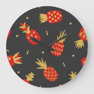Reloj Redondo Grande Piña roja, purpurina, fondo negro.