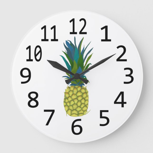 Reloj Redondo Grande Piña tropical con hojas azules y verdes (Anverso)