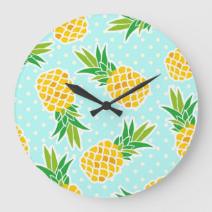 Reloj Redondo Grande Piñas Exóticas: Polka Azul-Dot Diversión.