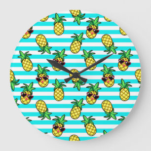 Reloj Redondo Grande Piñas Tropicales: Patrón Retro de Gafas de Sol.